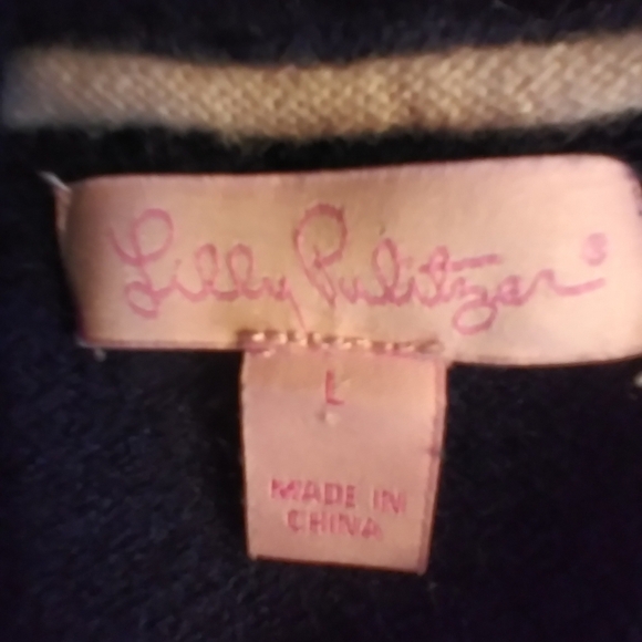 Lilly Pulitzer Cashmere Women's Blue Cardigan Sweatersize L Wide Collar Luxury - Picture 9 of 10